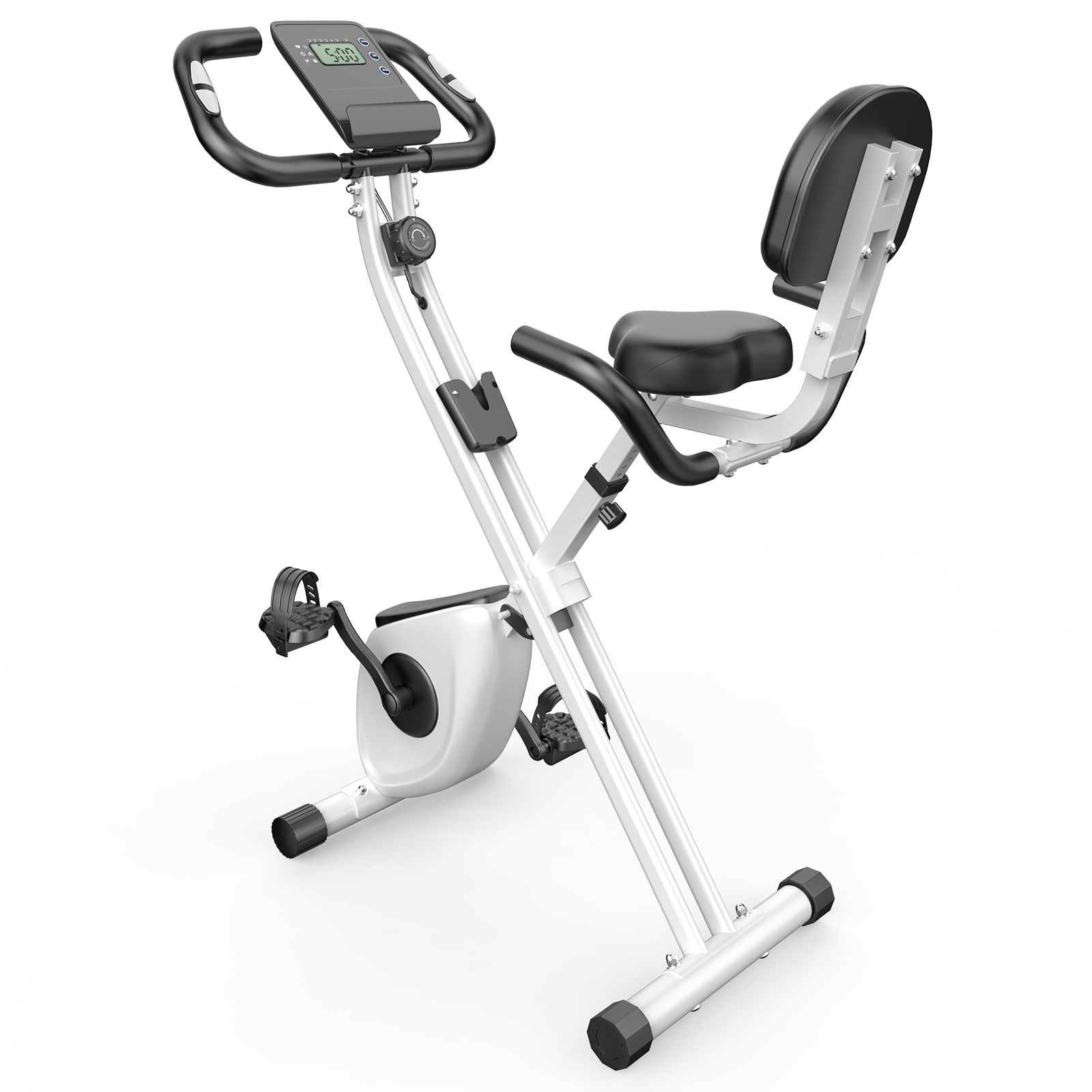 Biało-czarny stacjonarny rower treningowy. Posiada wyświetlacz cyfrowy, pedały, siodełko i kierownicę. Na białym tle.