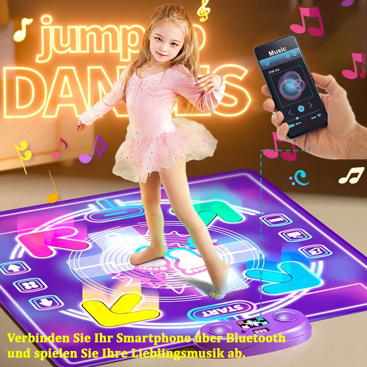Ein Mädchen tanzt auf einer lila Tanzmatte. Ein Telefon zeigt Musiksteuerung. Bunte Noten und Text 'jump DANS' im Hintergrund.