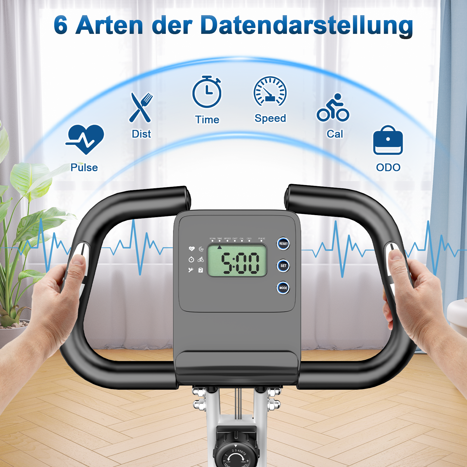 Rower stacjonarny z dłońmi na kierownicy. Wyświetlacz pokazuje 5:00. Symbole pulsu, czasu, prędkości, dystansu, kalorii i ODO.