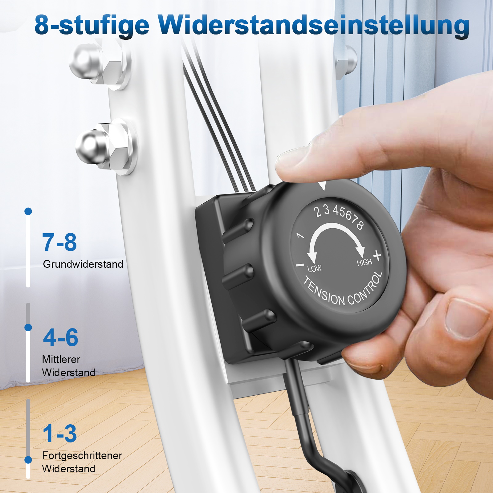 Ręka reguluje czarne pokrętło kontroli napięcia na urządzeniu do ćwiczeń. Widoczne cyfry 1-8.