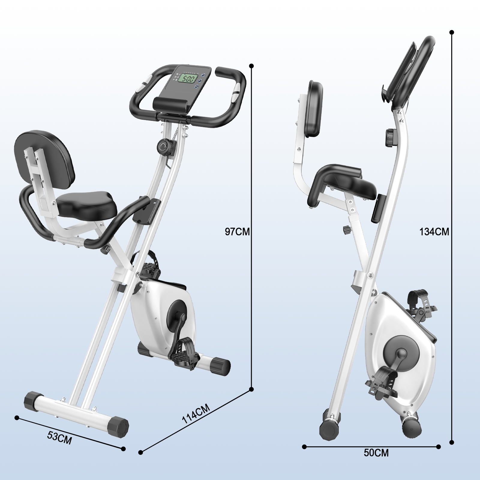 Biało-czarny rower treningowy z cyfrowym wyświetlaczem i wymiarami. Jest złożony i gotowy do użycia.