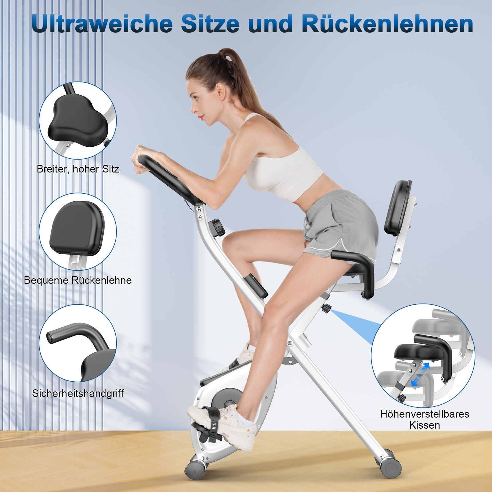 Kobieta na rowerze stacjonarnym. Cechy: regulowane siedzenie, oparcie i uchwyt bezpieczeństwa. Szczegóły produktu podkreślone.