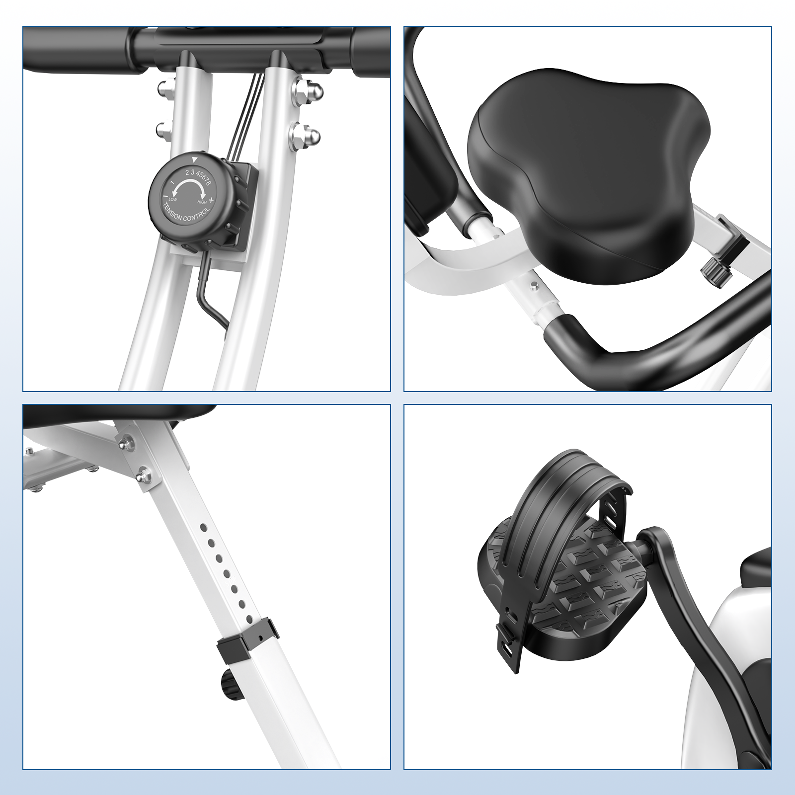 Zbliżenie części roweru treningowego: pokrętło regulacji napięcia, siedzisko, pedały i regulowana rama. Wszystko czarno-białe.