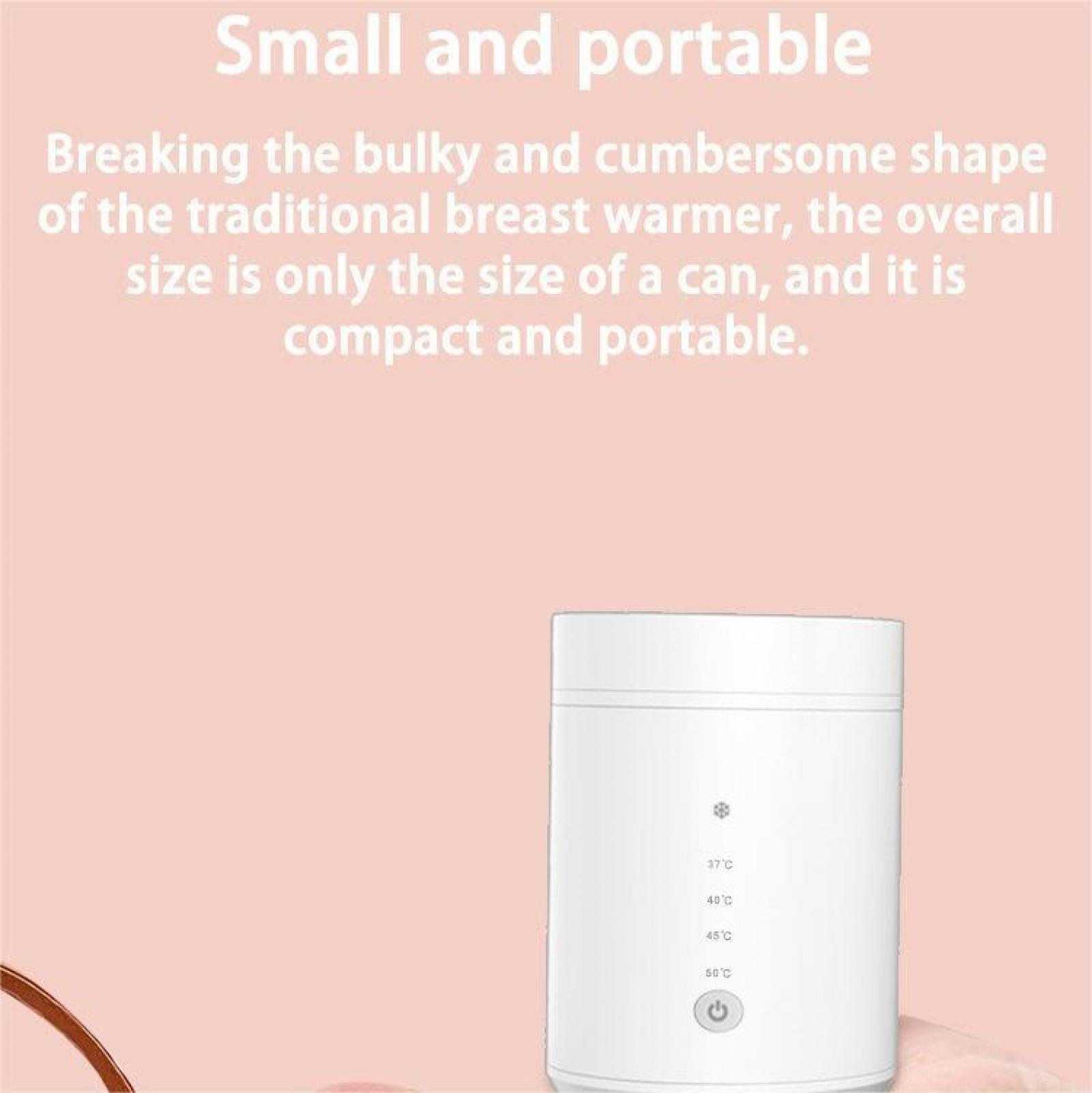 Ein weißer Brustwärmer. Text sagt 'Klein und tragbar'. Temperaturen werden angezeigt. Rosa Hintergrund.