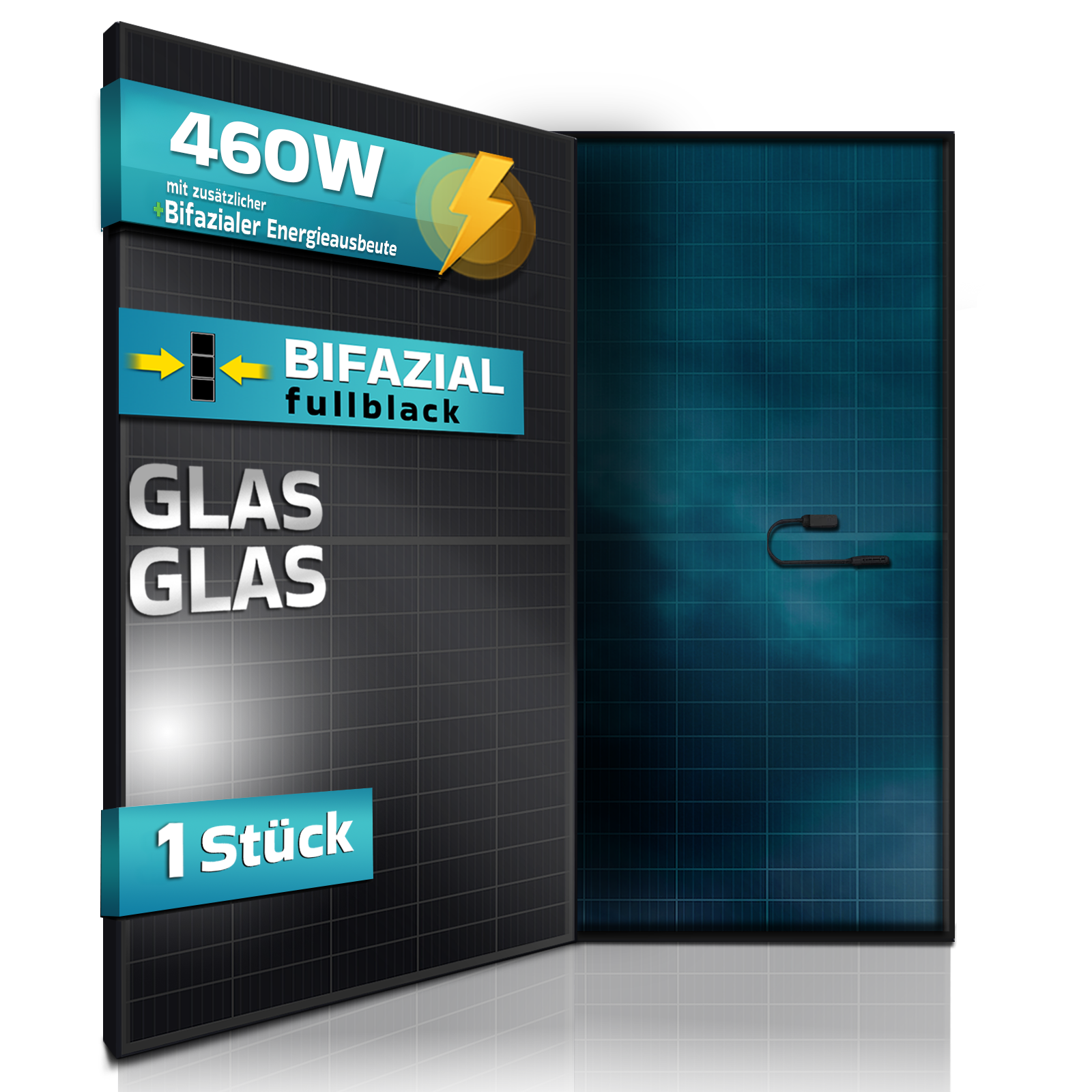 Ein Solarpanel mit Text. Es steht 460W, bifazial full black, Glas Glas und 1 Stück. Ein Blitz ist auch abgebildet.