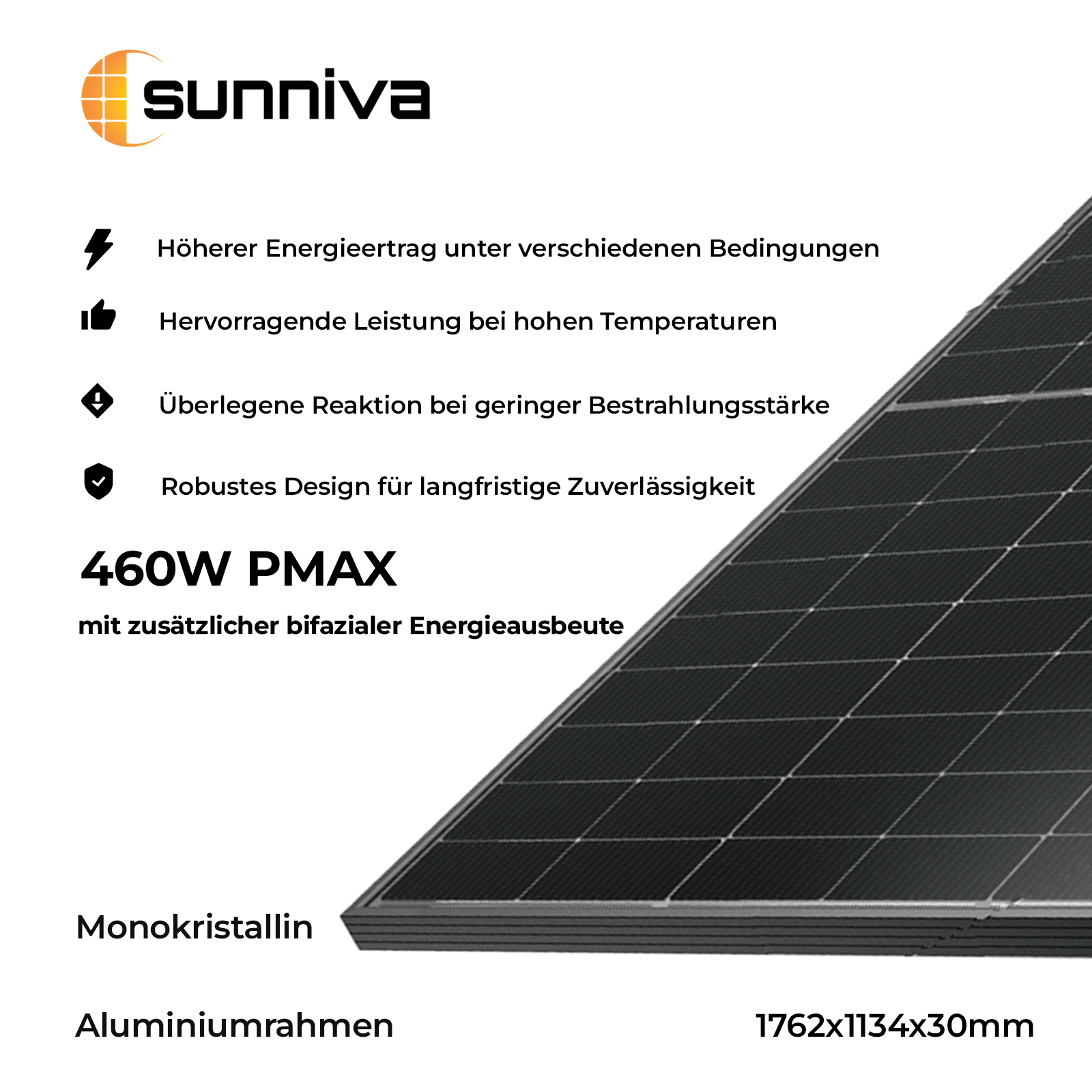 Solarpanel mit Sunniva-Logo, Produktdetails und -eigenschaften. Das Panel ist schwarz mit silbernem Rahmen.