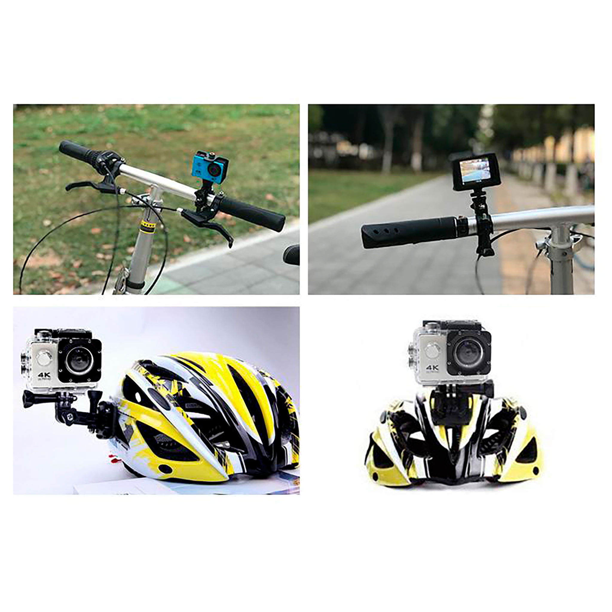 Cztery zdjęcia przedstawiają kamery sportowe zamontowane na kierownicy roweru i kasku. Jedna kamera jest niebieska, inne srebrne.