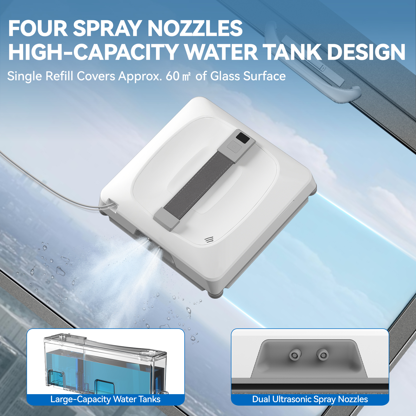 Ein weißer Fensterputzer sprüht Wasser auf Glas. Es hat einen grauen Griff und ist mit 'Four Spray Nozzles' beschriftet.