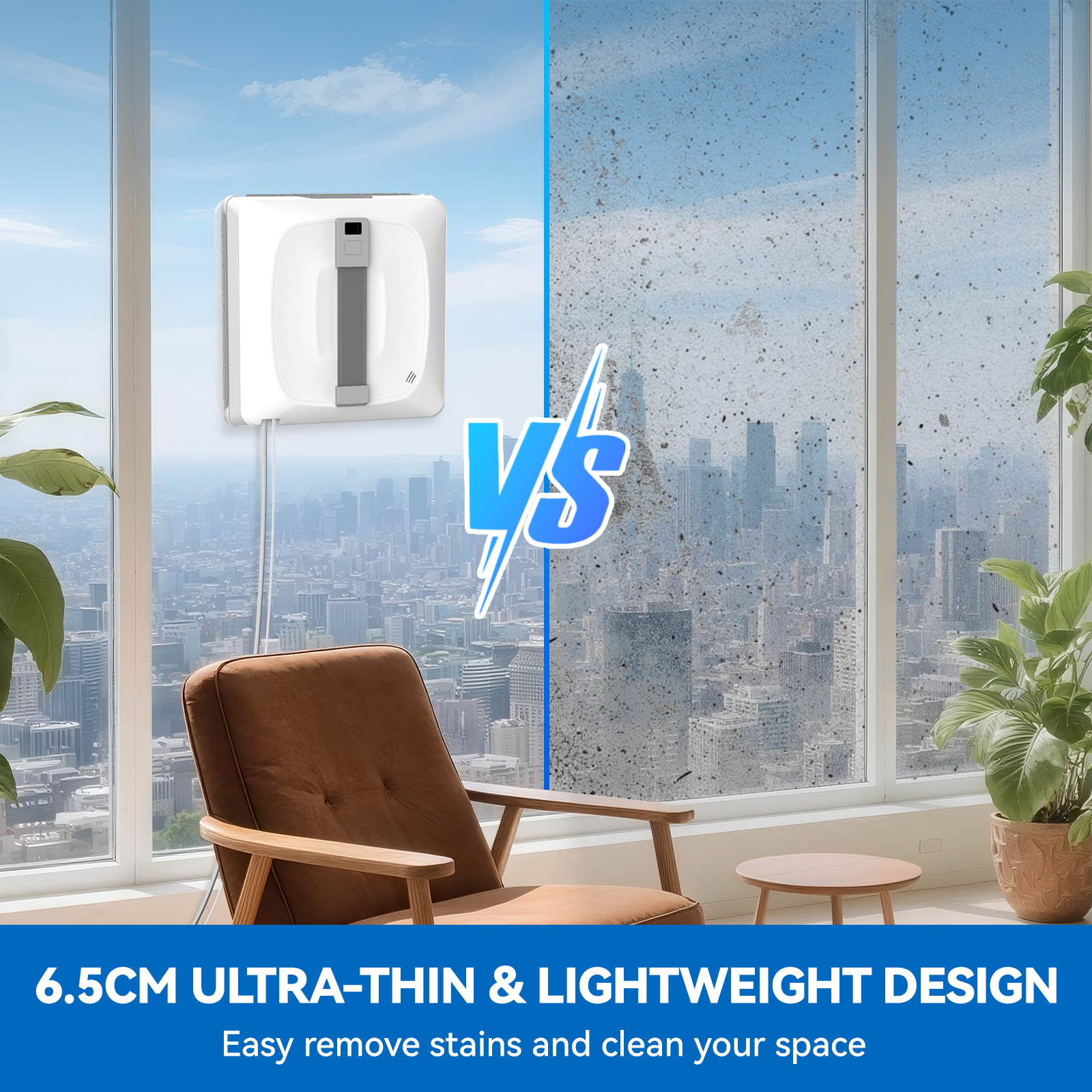 Ein Fensterputzer auf einem sauberen vs. einem schmutzigen Fenster. Ein Stuhl und eine Pflanze befinden sich im Raum.