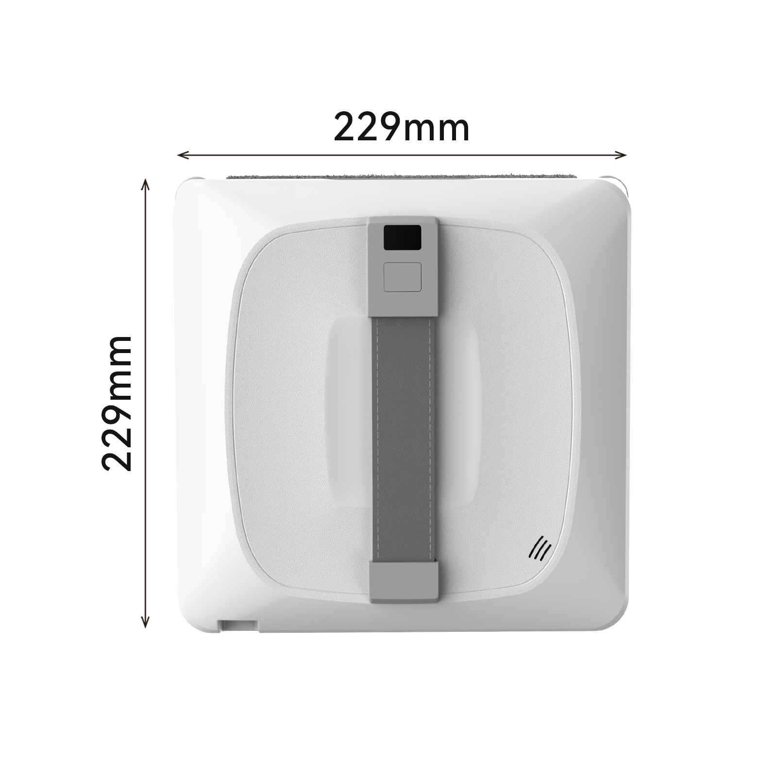 Biała kwadratowa myjka do okien z szarym paskiem. Wymiary: 229 mm x 229 mm. Czarny wyświetlacz i trzy linie są widoczne.