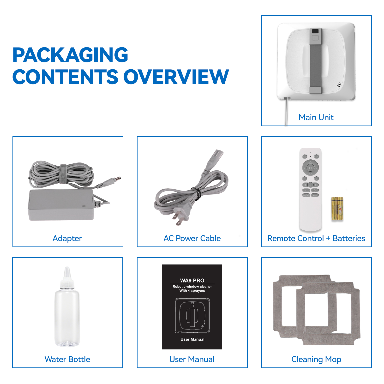 Die Übersicht über den Inhalt der Verpackung umfasst eine Haupteinheit, einen Adapter, ein AC-Kabel, eine Fernbedienung, eine Wasserflasche, ein Handbuch und einen Reinigungswischer.