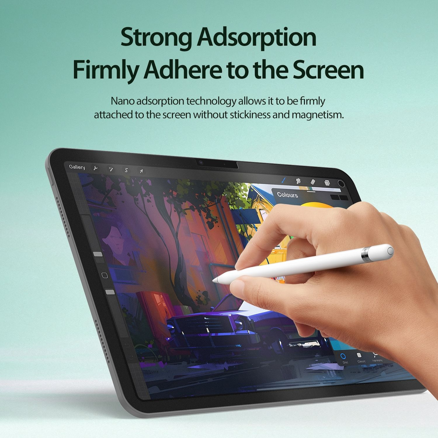 Eine Hand hält einen weißen Stift über einem Tablet-Bildschirm mit digitaler Kunst. Oben steht 'Strong Adsorption'.