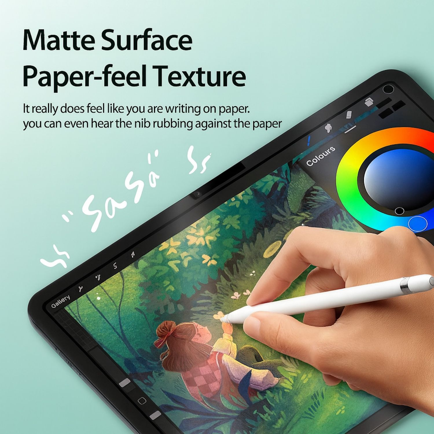 Eine Hand benutzt einen Stift auf einem Tablet. Der Bildschirm zeigt eine Zeichnung mit Farbpalette rechts. Text: Matte Oberfläche Papierähnliche Textur.
