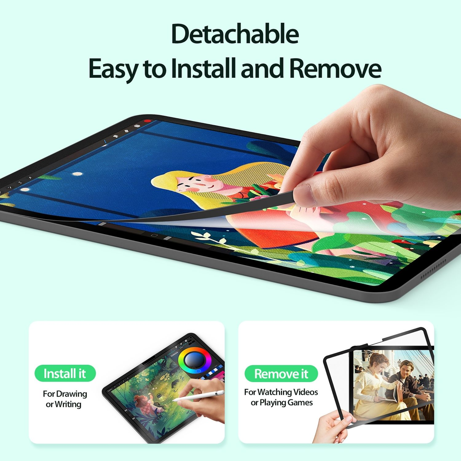 Hand zieht eine Displayschutzfolie von einem Tablet ab. Das Tablet zeigt Kunst. Text: Abnehmbar, einfach zu installieren und zu entfernen.