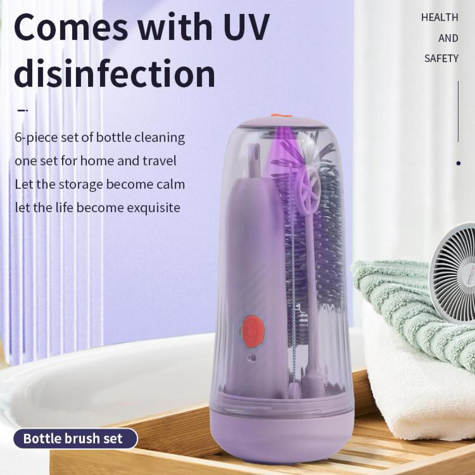 Ein lila Flaschenbürstenset mit UV-Desinfektion, enthält Bürsten und eine Reinigungsbasis, mit Text über das Produkt.