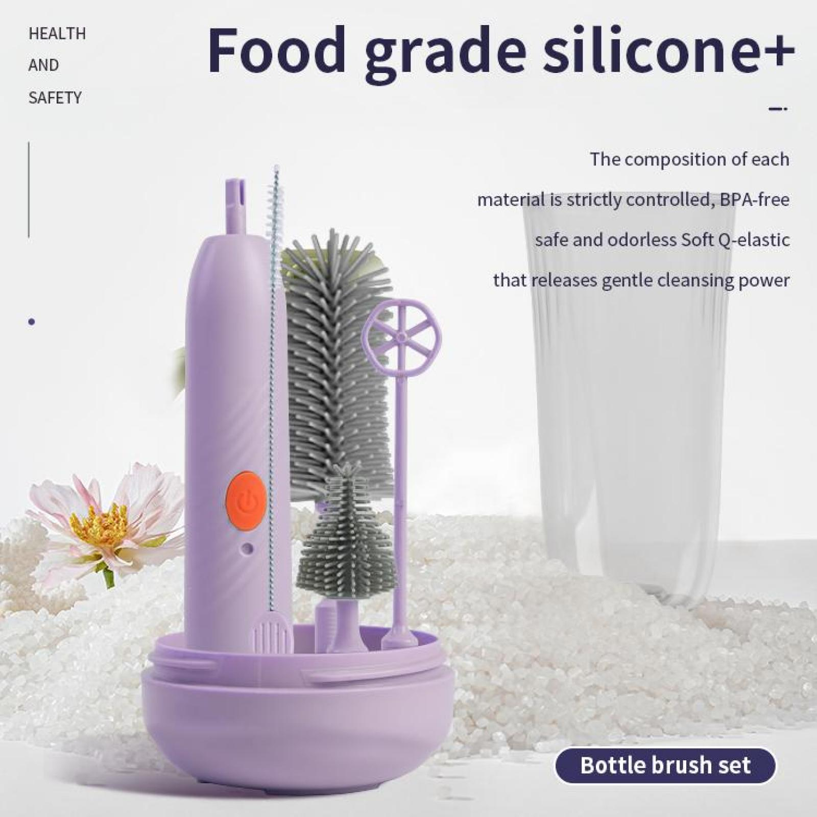 Ein lila Flaschenbürstenset mit mehreren Bürstenköpfen. Text: 'Food grade silicone+'. Weißer Hintergrund.