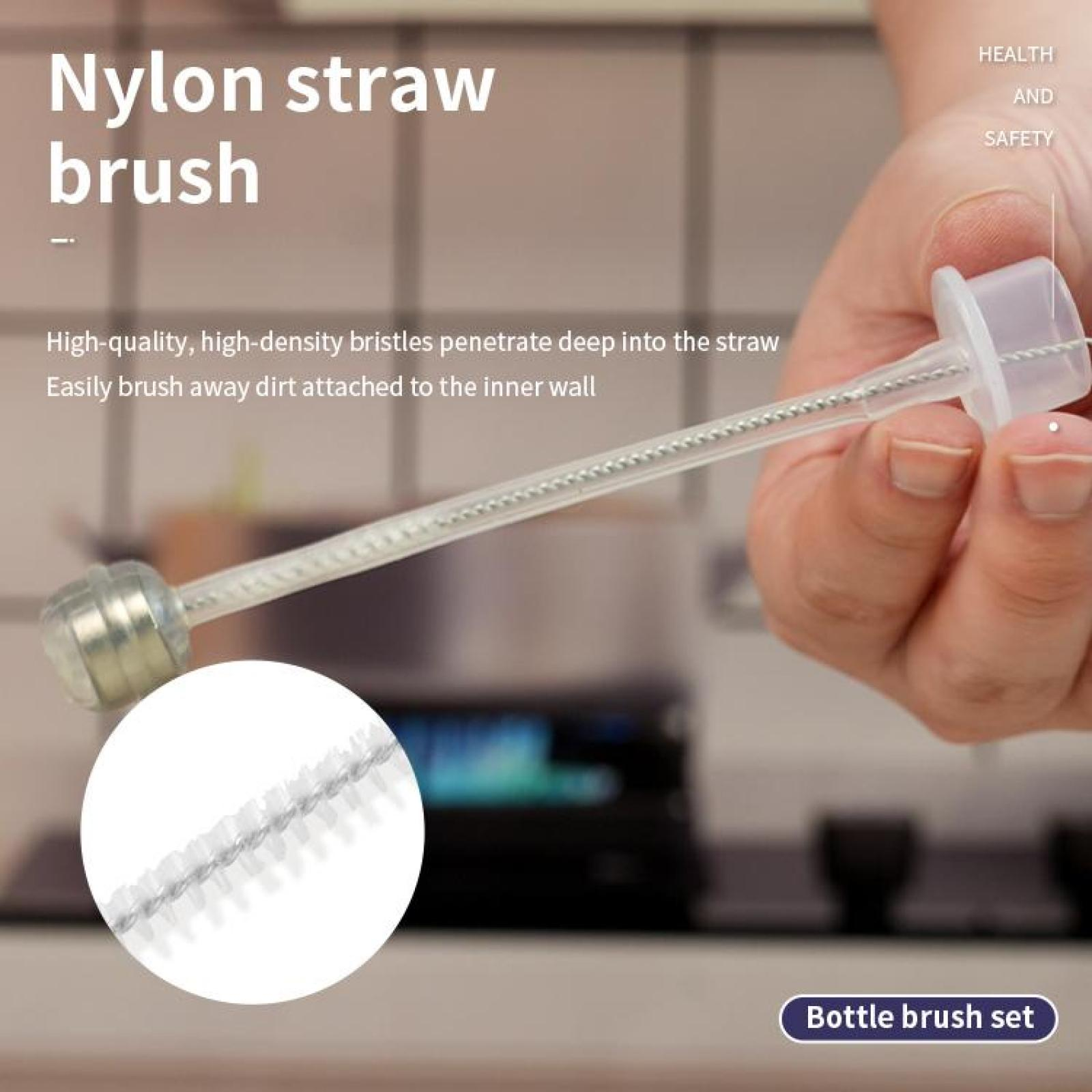 Eine Nylon-Strohbürste wird von einer Hand gehalten. Die Bürste hat Borsten. Text sagt: "Nylon-Strohbürste" und "Flaschenbürstenset".