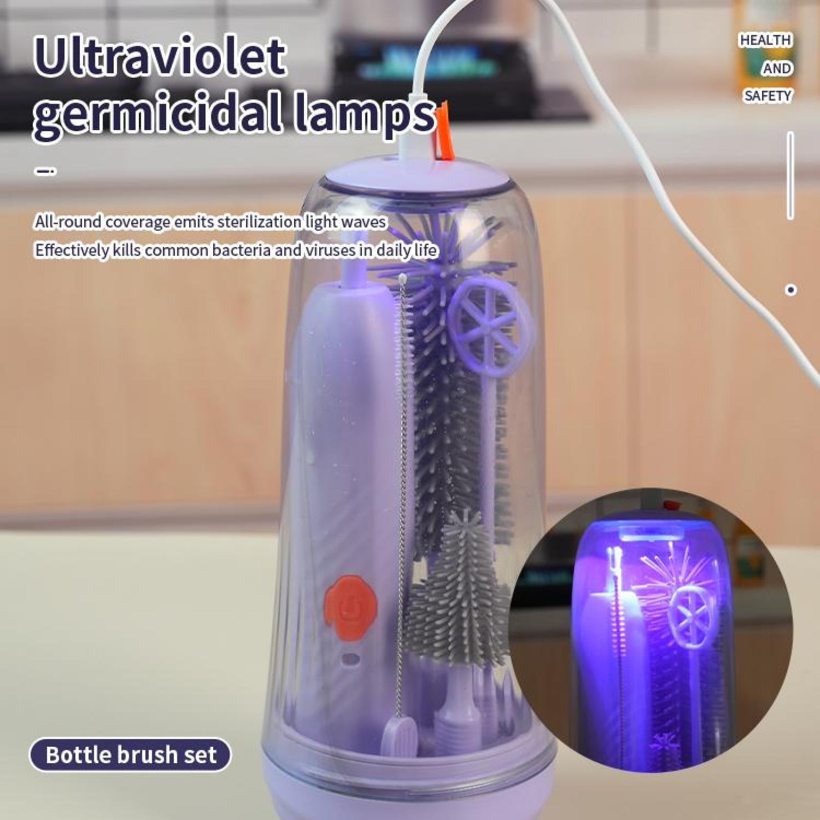 Eine violette UV-Keimtötungslampe mit einem Flaschenbürstenset. Sie emittiert Sterilisationslichtwellen.