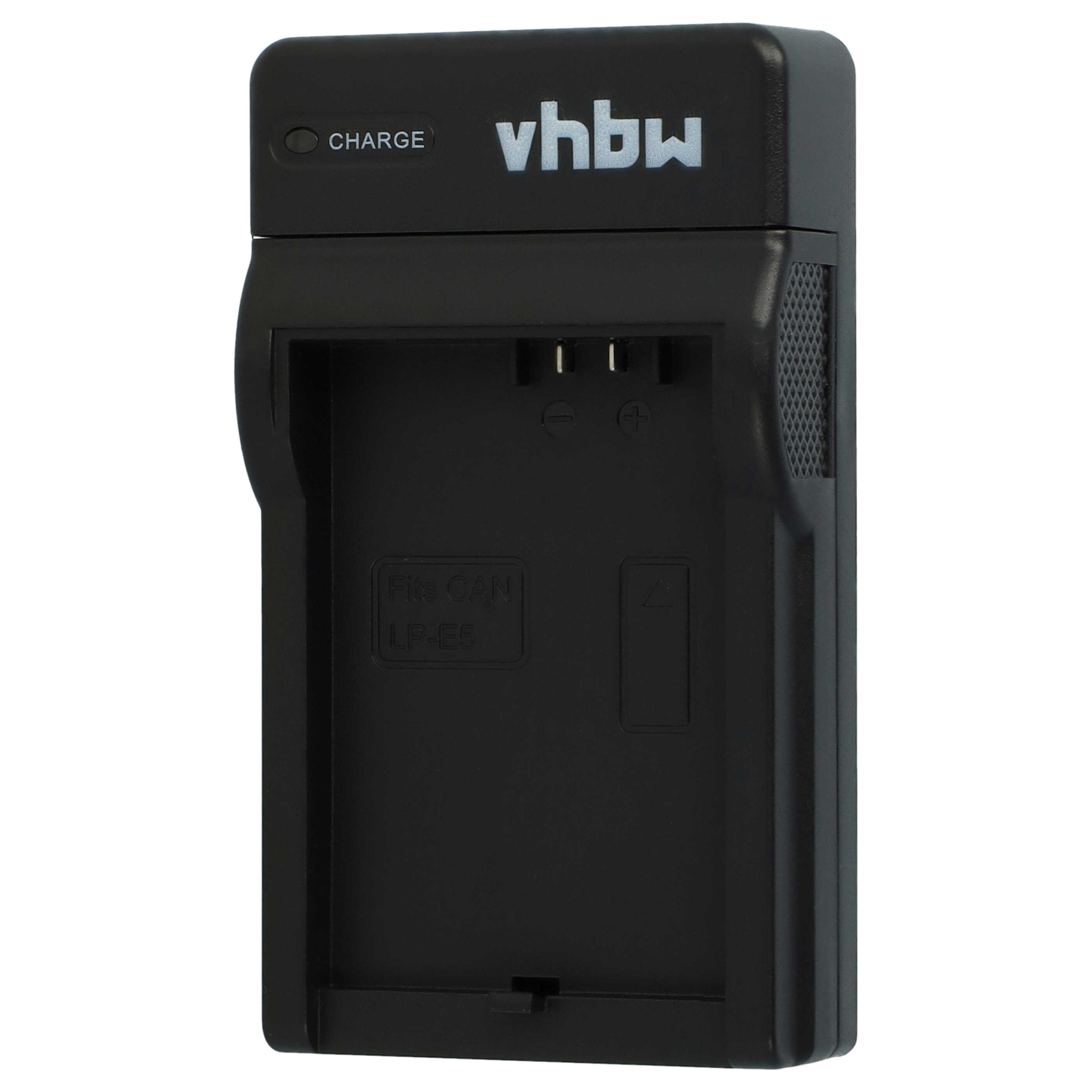 Schwarzes vhbw-Batterieladegerät. Hat eine Ladeanzeige und einen Steckplatz für eine Batterie. Text: 'Fits CAN LP-E5'.