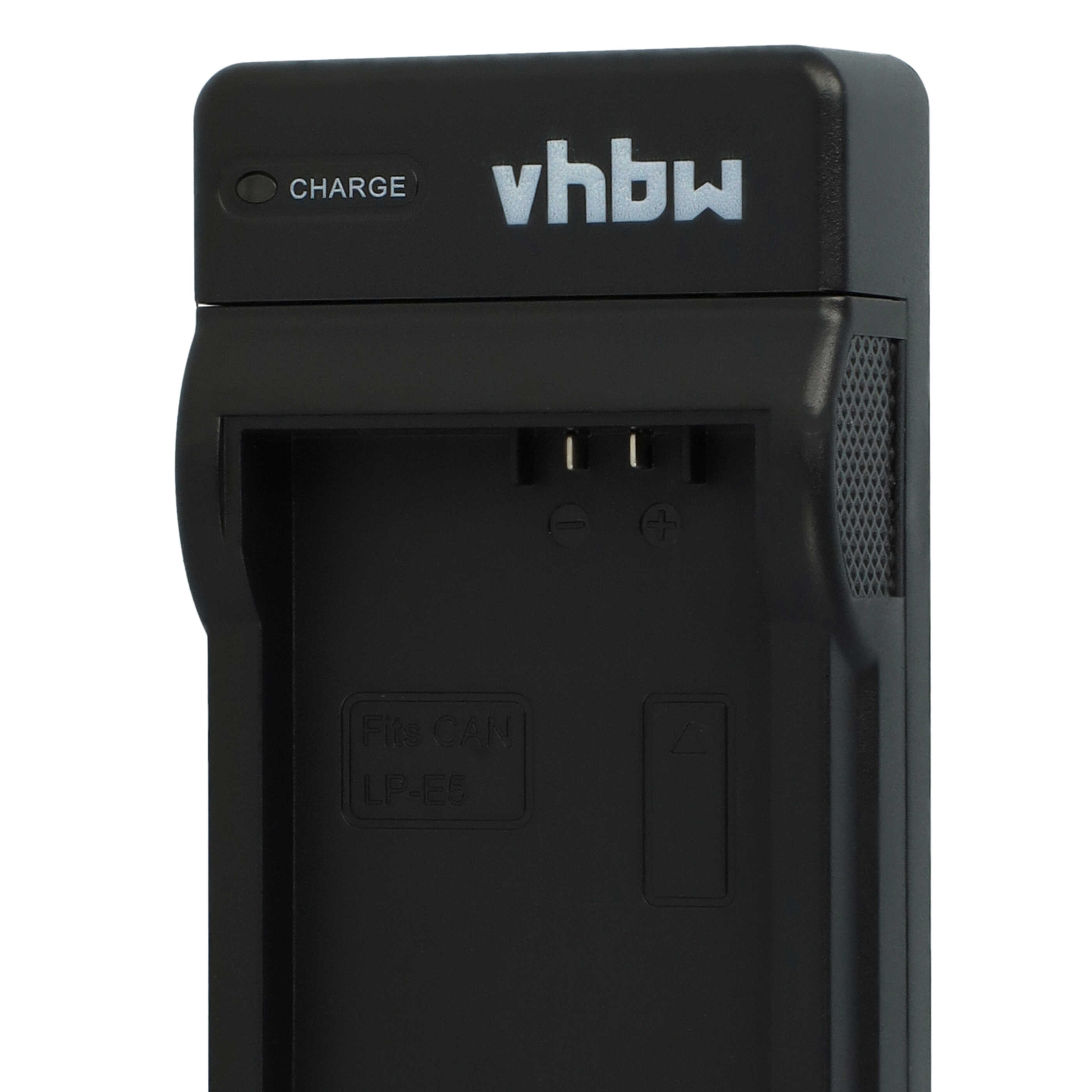 Schwarzes vhbw-Ladegerät mit 'CHARGE'- und 'Fits CAN LP-E6'-Etiketten. Hat Ladeanzeige und Batterieschlitze.
