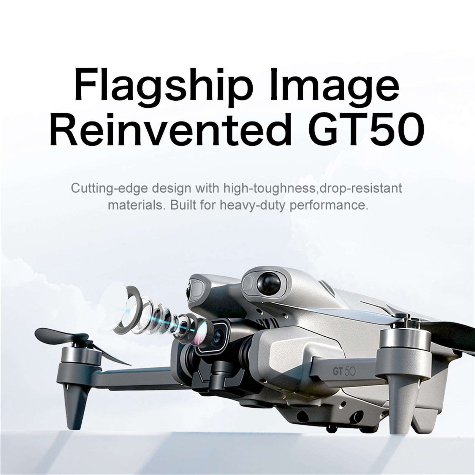 Eine graue Drohne, Modell GT50, mit Propellern und Kameraobjektiven. Der Text lautet Flaggschiff Image Reinvented.
