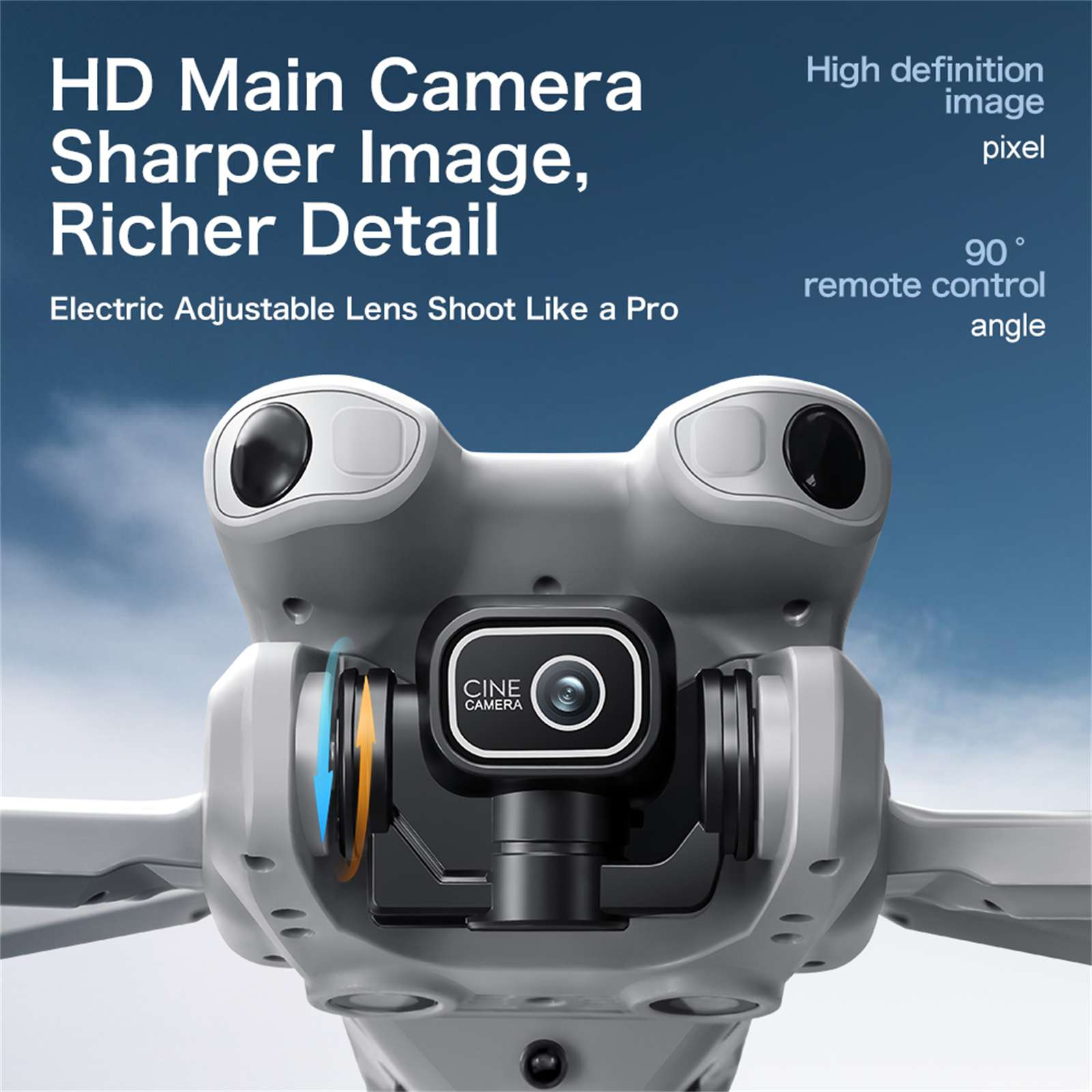 Eine Drohne mit Hauptkamera, verstellbarem Objektiv und dem Text 'HD Main Camera, Sharper Image, Richer Detail'.