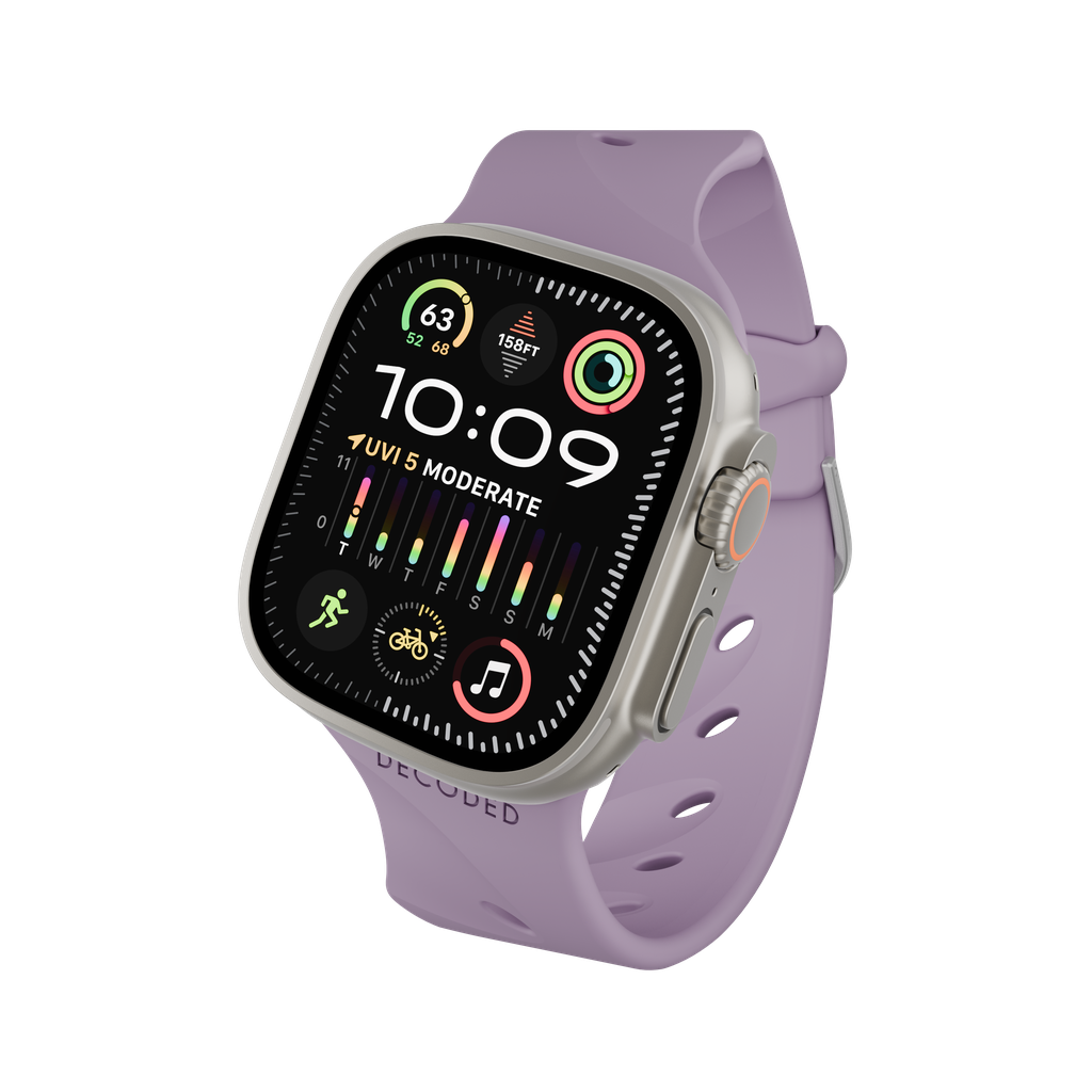 Uno smartwatch argentato con cinturino viola mostra ora, dati sanitari e indice UV su sfondo nero.