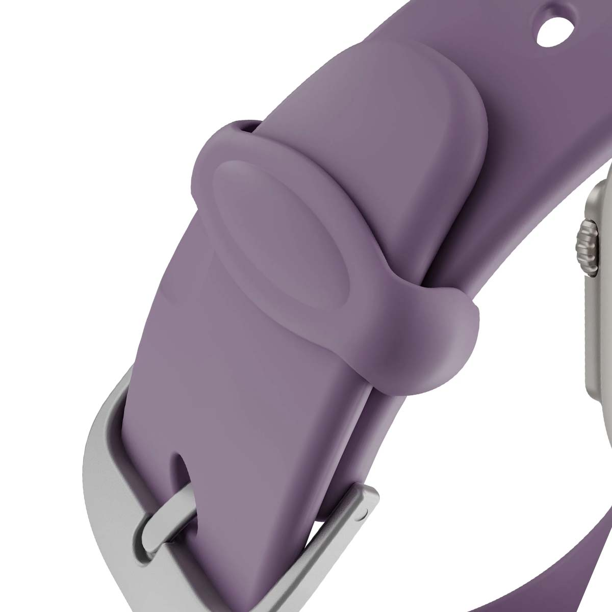Primo piano di un cinturino lavanda, con fibbia e chiusura. Il quadrante argentato dell'orologio è parzialmente visibile.