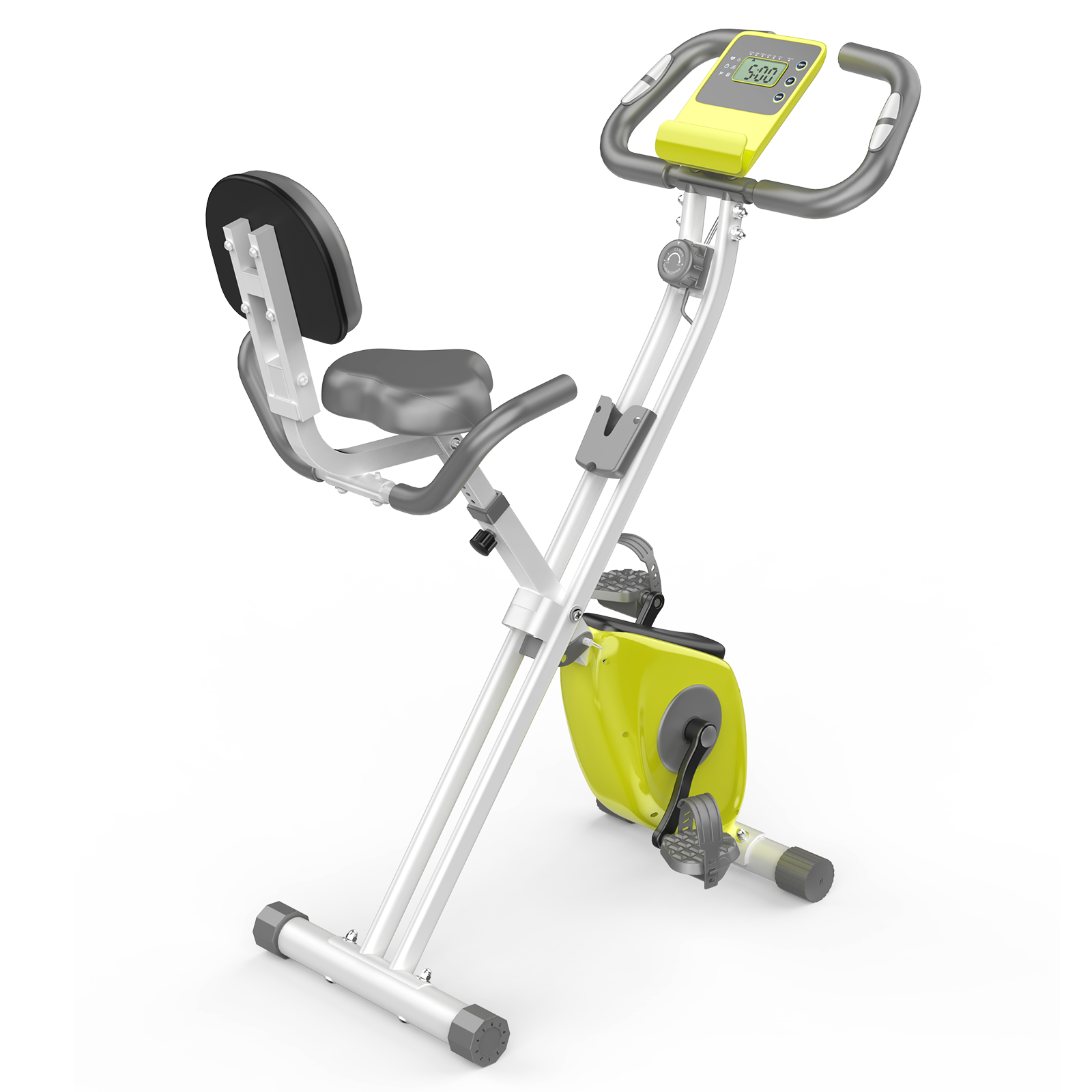 Rower stacjonarny. Limonkowo-zielone akcenty na srebrnej ramie. Zawiera siedzenie, oparcie, pedały i wyświetlacz.