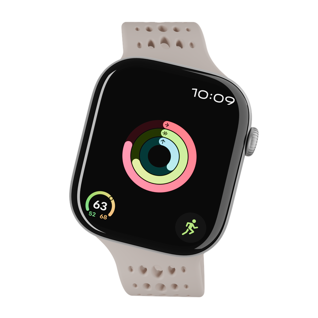 Un Apple Watch mostra anelli di attività, l'ora (10:09) e metriche di salute. Ha un cinturino beige e un quadrante nero, con un'icona di corsa.
