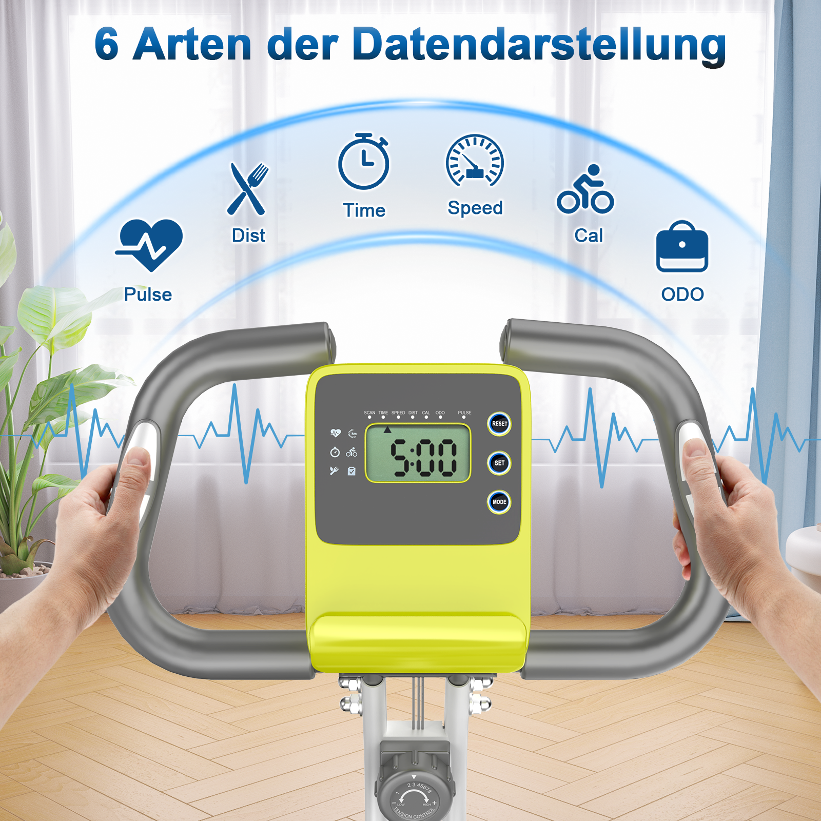 Wyświetlacz roweru stacjonarnego pokazuje czas, prędkość, dystans, kalorie, puls i ODO. Ręce trzymają kierownicę.