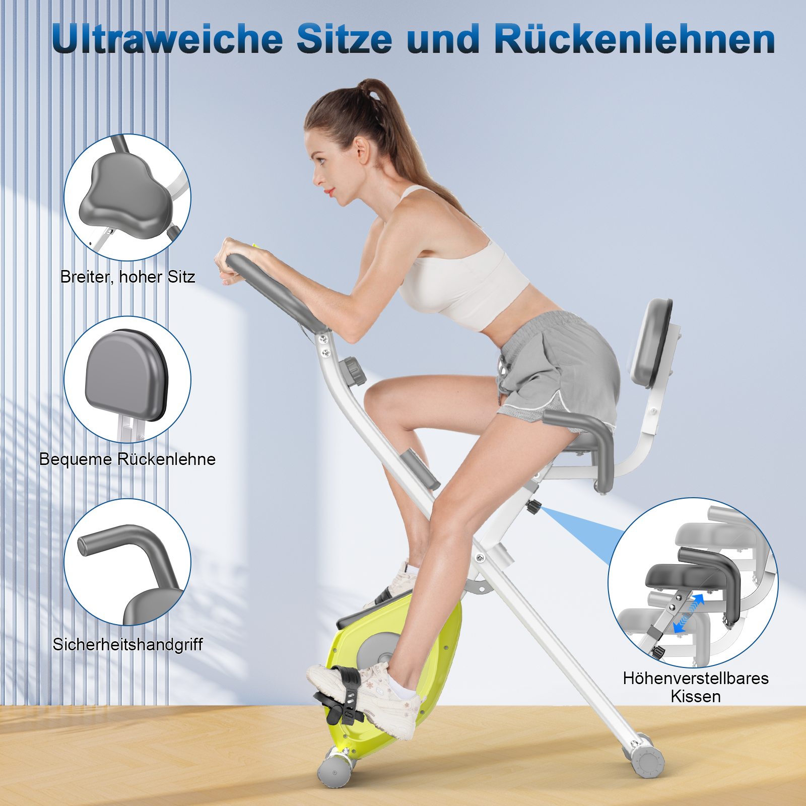 Kobieta na rowerze stacjonarnym. Cechy to szerokie siedzenie, oparcie i regulowana poduszka. Rower jest biały i limonkowo-zielony.