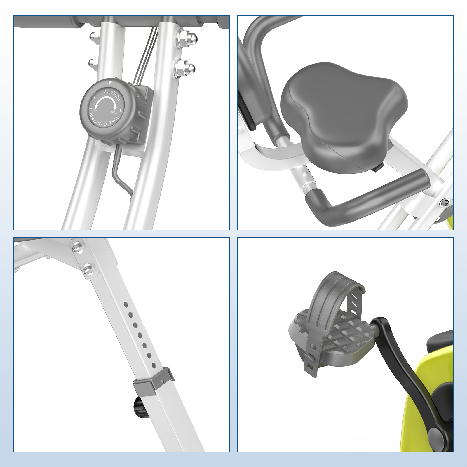 Zbliżenia roweru stacjonarnego: pokrętło regulacji napięcia, siedzenie, drążek regulacyjny i pedał. Dominują szary, czarny i biały.