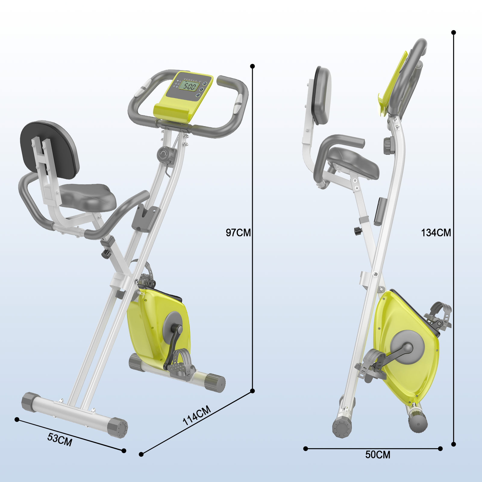 Rower treningowy z zielonym korpusem, czarnym siedziskiem i wyświetlaczem. Wymiary wskazane czarnymi liniami i tekstem.