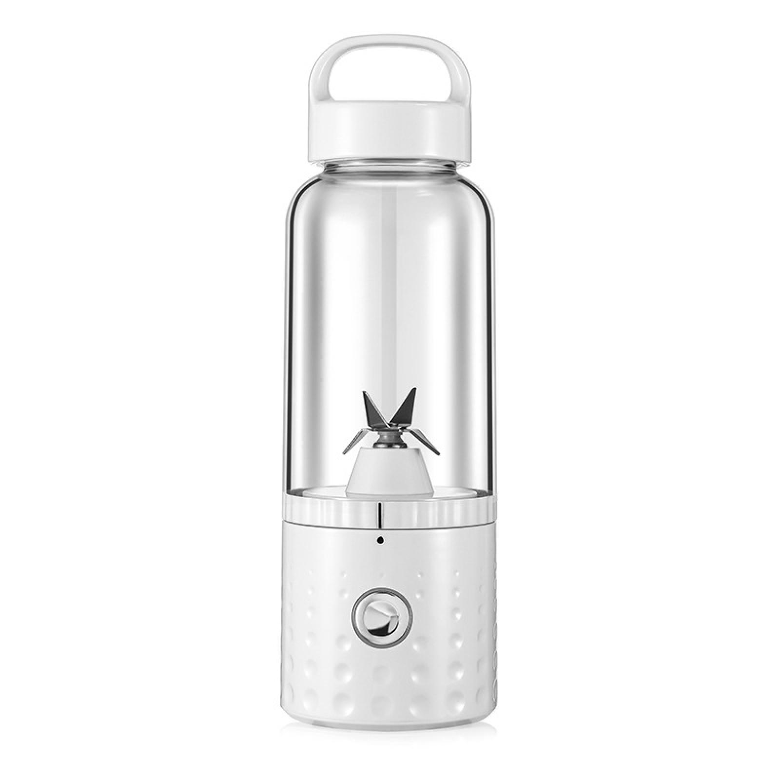Ein weißer tragbarer Mixer mit einem durchsichtigen Glasbehälter. Er hat einen Griff. Die Basis hat einen Knopf und eine Struktur.