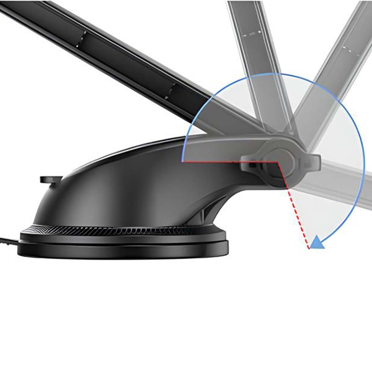 Soporte negro para teléfono de coche con guía de ajuste. Tiene base de succión, brazo ajustable y mecanismo giratorio, mostrado con arcos azules.