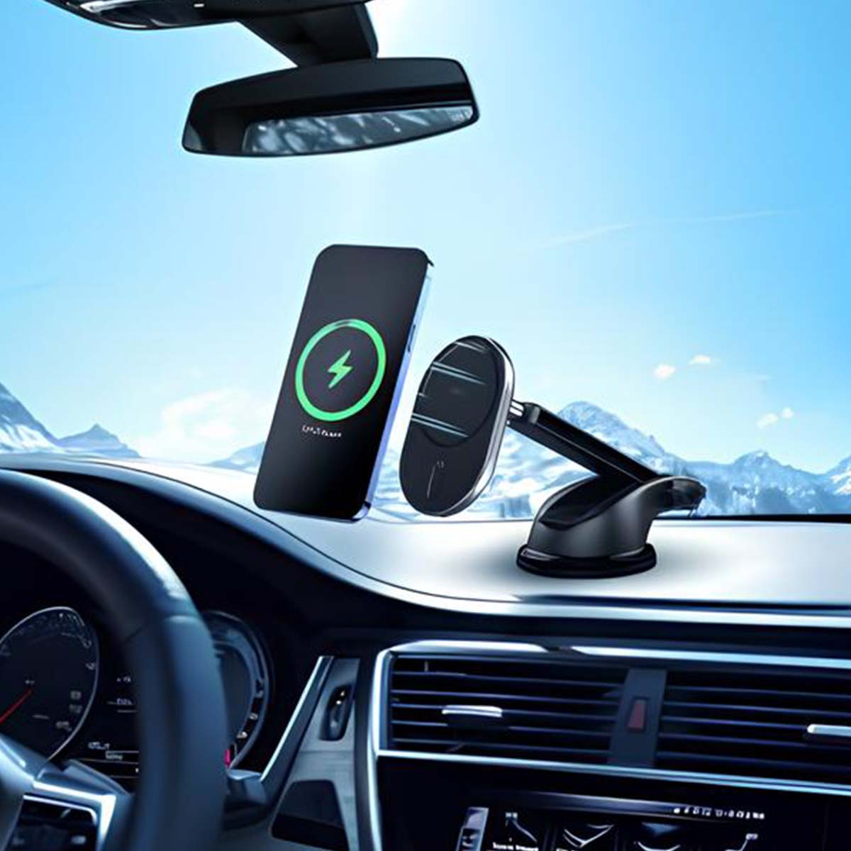 Un teléfono cargando de forma inalámbrica en un coche. El teléfono muestra un símbolo de carga verde. El fondo tiene montañas y cielo.