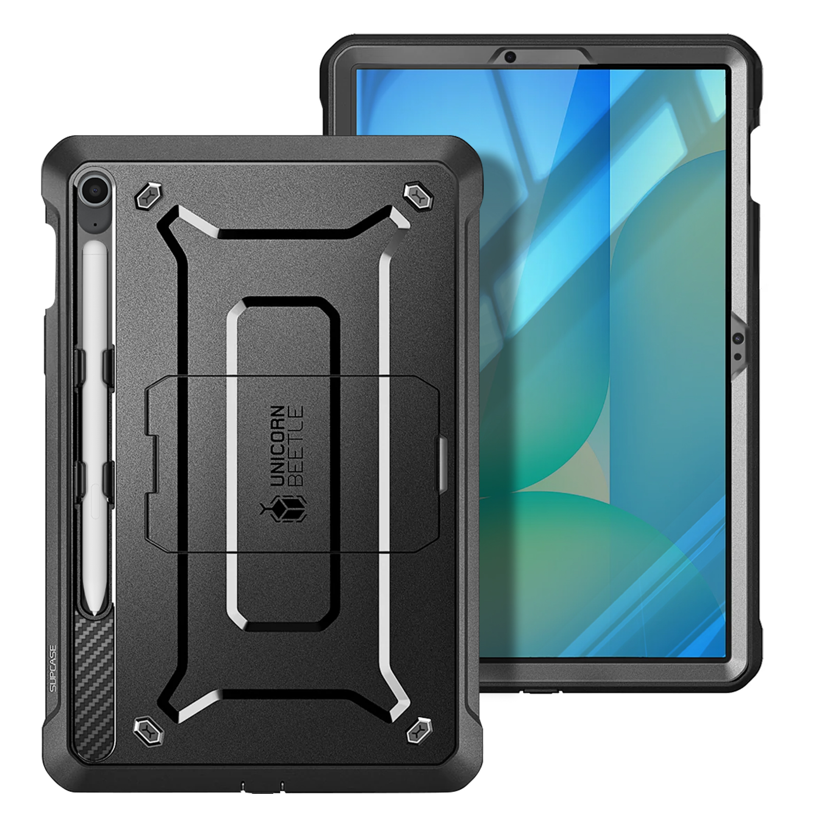 Custodia per tablet nera con stilo bianco. La custodia ha un design robusto con la scritta 'Unicorn Beetle'.