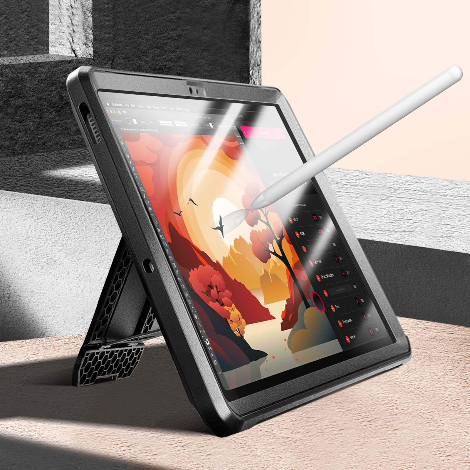 Tablet in una custodia nera con stilo. Lo schermo mostra un'illustrazione di un paesaggio con uno stilo che lo indica.