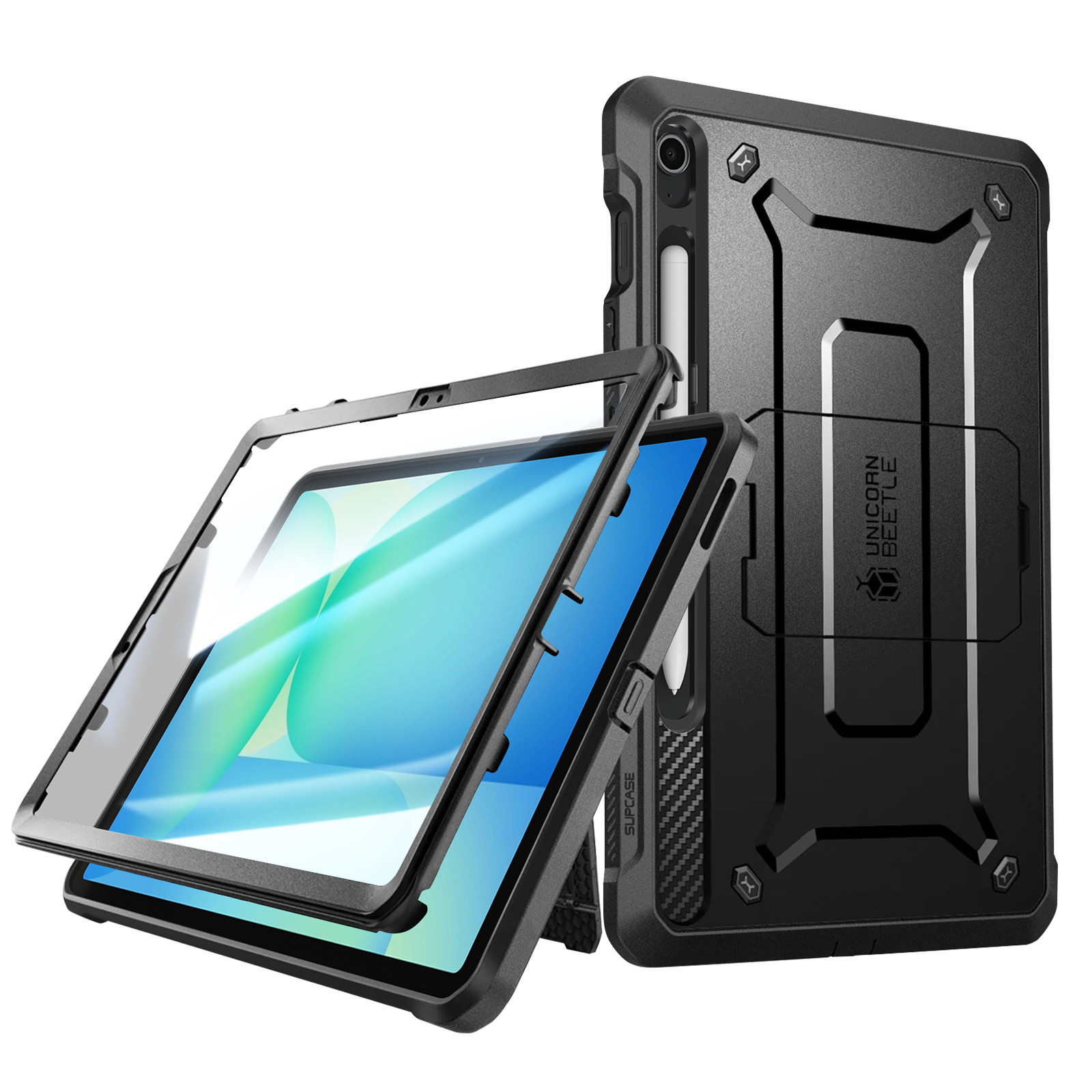 Custodia nera per tablet con protezione schermo rimovibile. La custodia ha un design robusto con il marchio 'UNICORN BEETLE'.