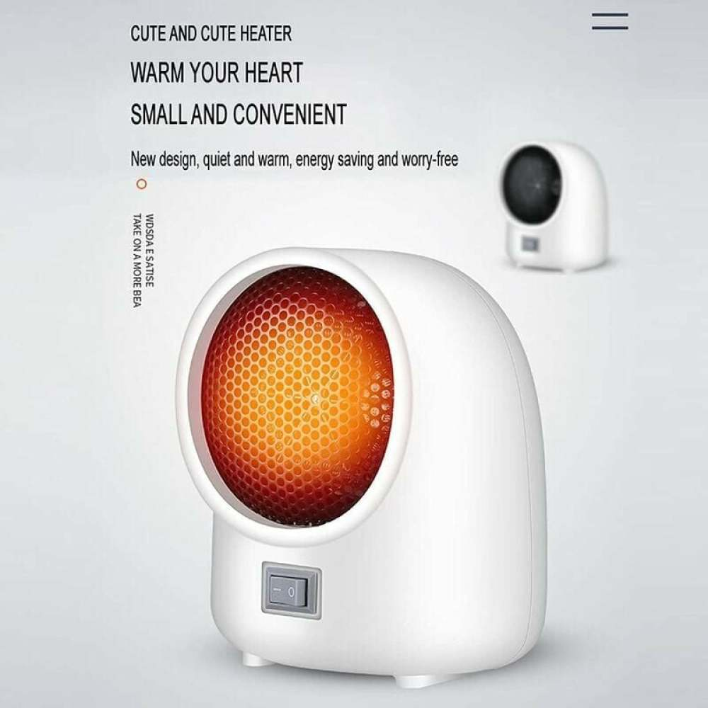 Ein weißer, kleiner Heizlüfter mit orangefarbenem Heizelement. Es gibt einen Netzschalter und einen kleineren Heizlüfter im Hintergrund.