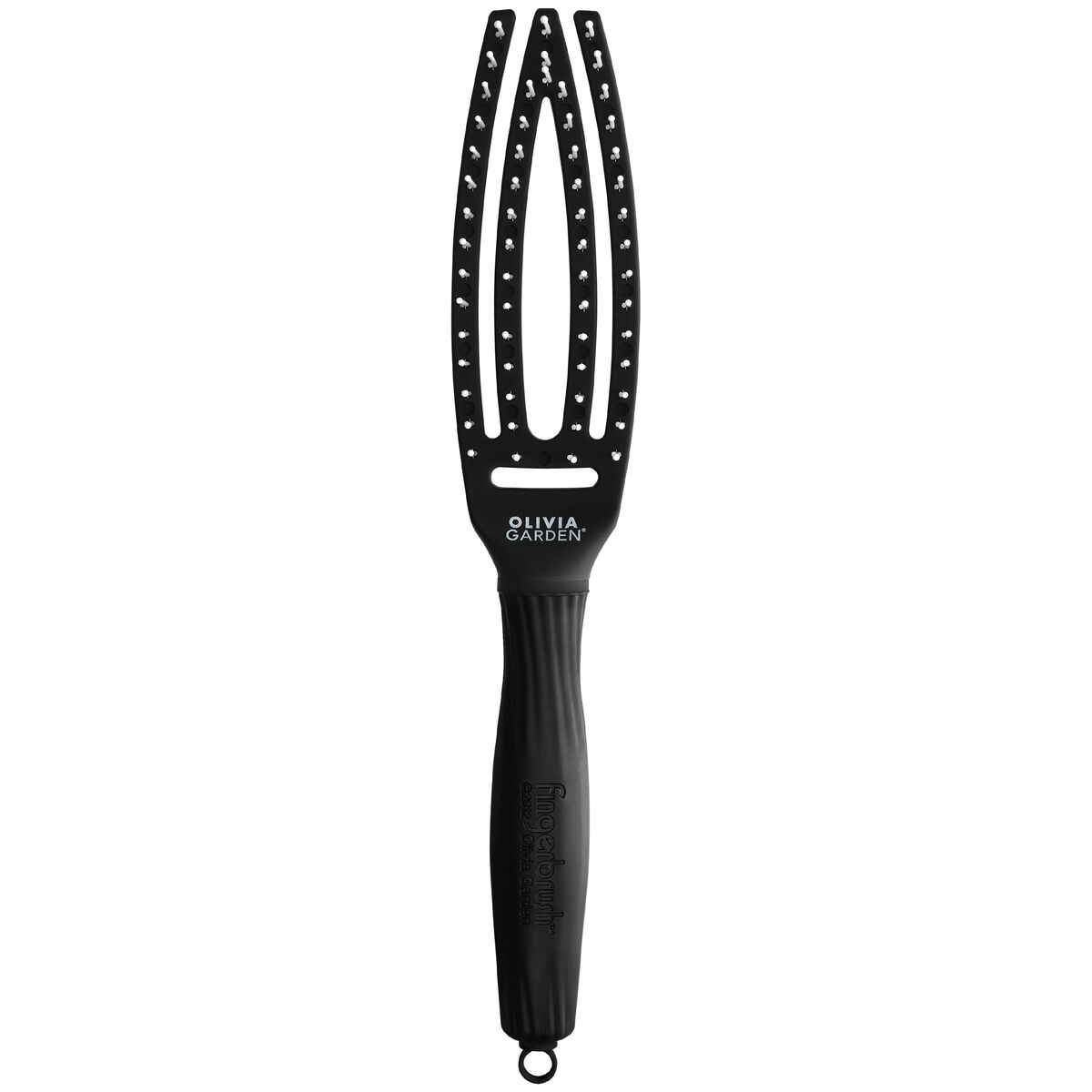 Schwarze Olivia Garden Fingerbrush Haarbürste. Ovaler Kopf mit Borsten und geriffeltem Griff mit Schlaufe.
