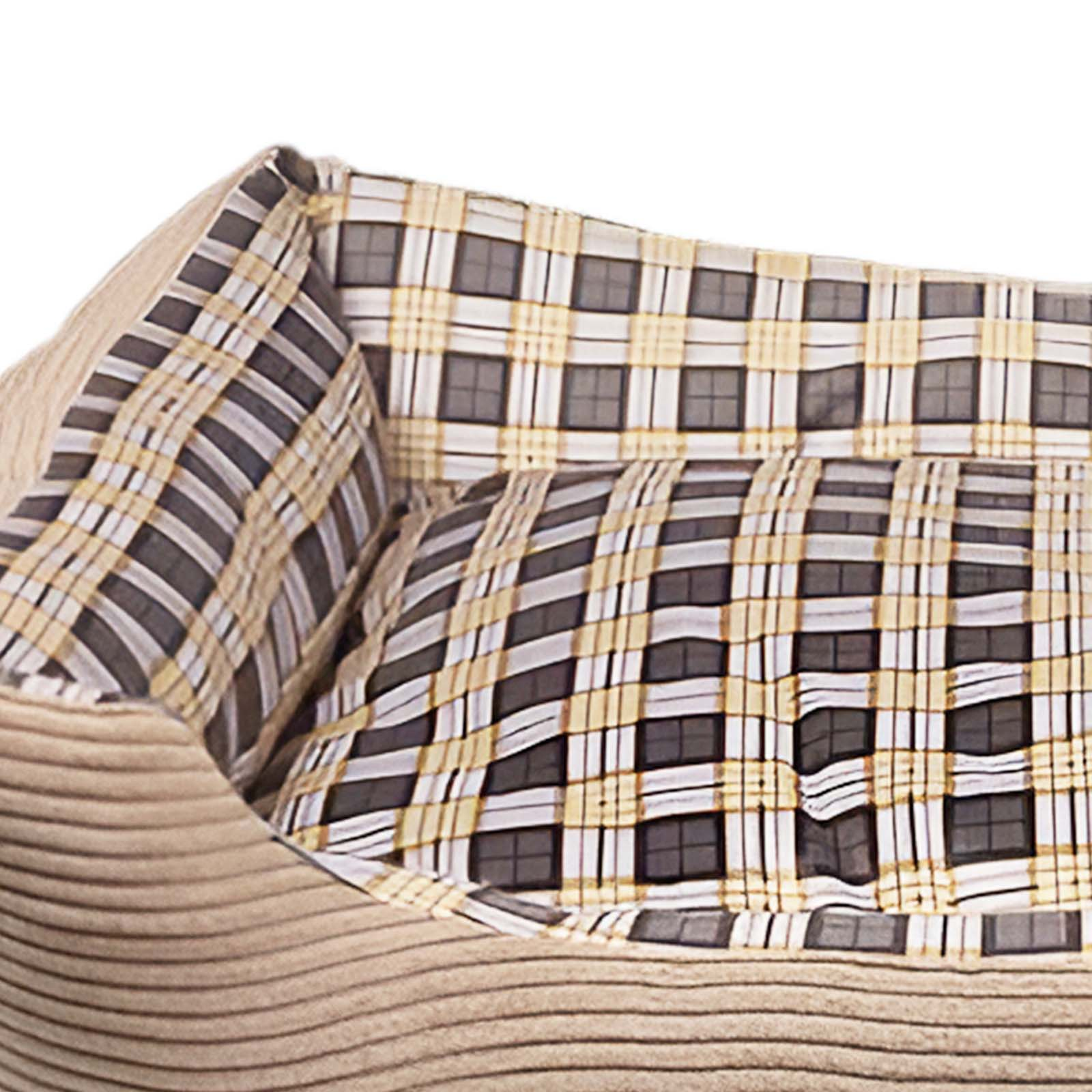 Ein Hundebett mit beigefarbenen Cordseiten und einem karierten Innenmuster in Beige, Schwarz und Gelb.
