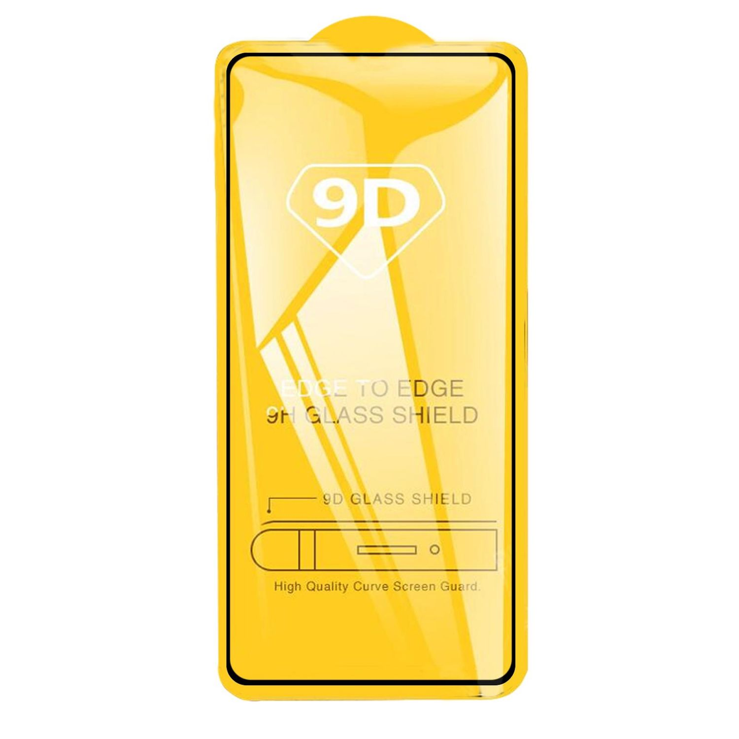 Un proteggi schermo in vetro 9D giallo. Ha un testo che dice Edge to Edge, 9H glass shield, 9D glass shield e High Quality Curve Screen Guard.