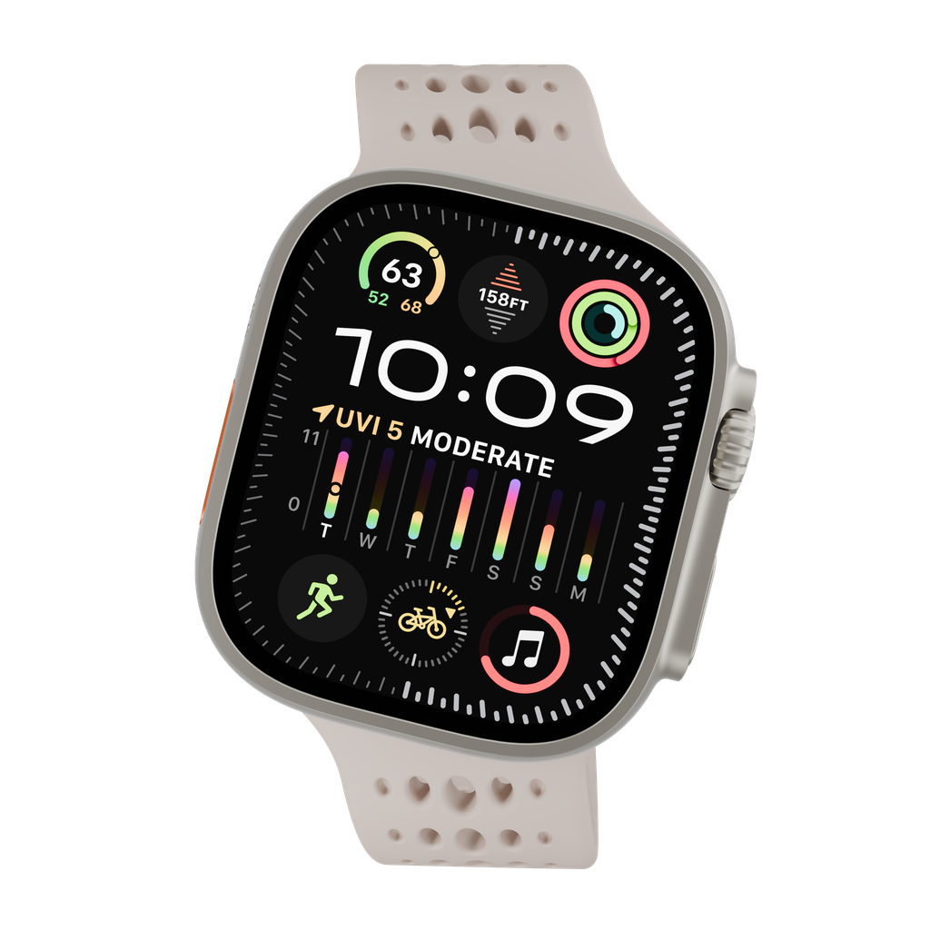 Un primo piano di uno smartwatch mostra l'ora, i parametri sanitari e le icone, con un cinturino chiaro e sfondo scuro.