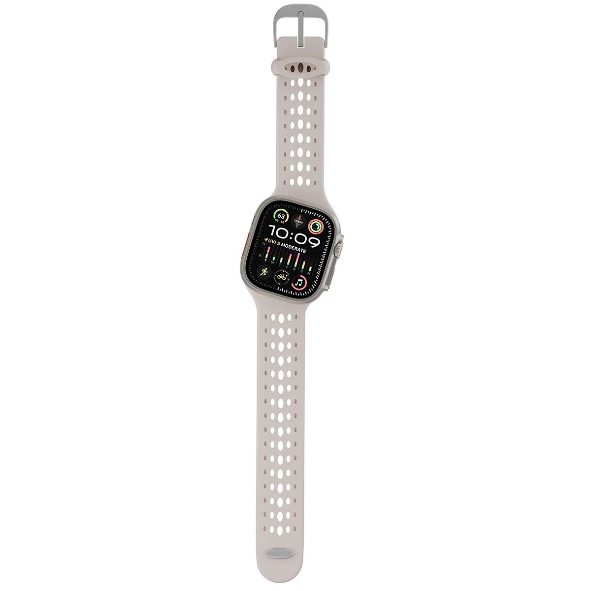 Un Apple Watch con cinturino grigio chiaro. Il quadrante mostra l'ora e altre metriche sanitarie. Il cinturino ha fori.