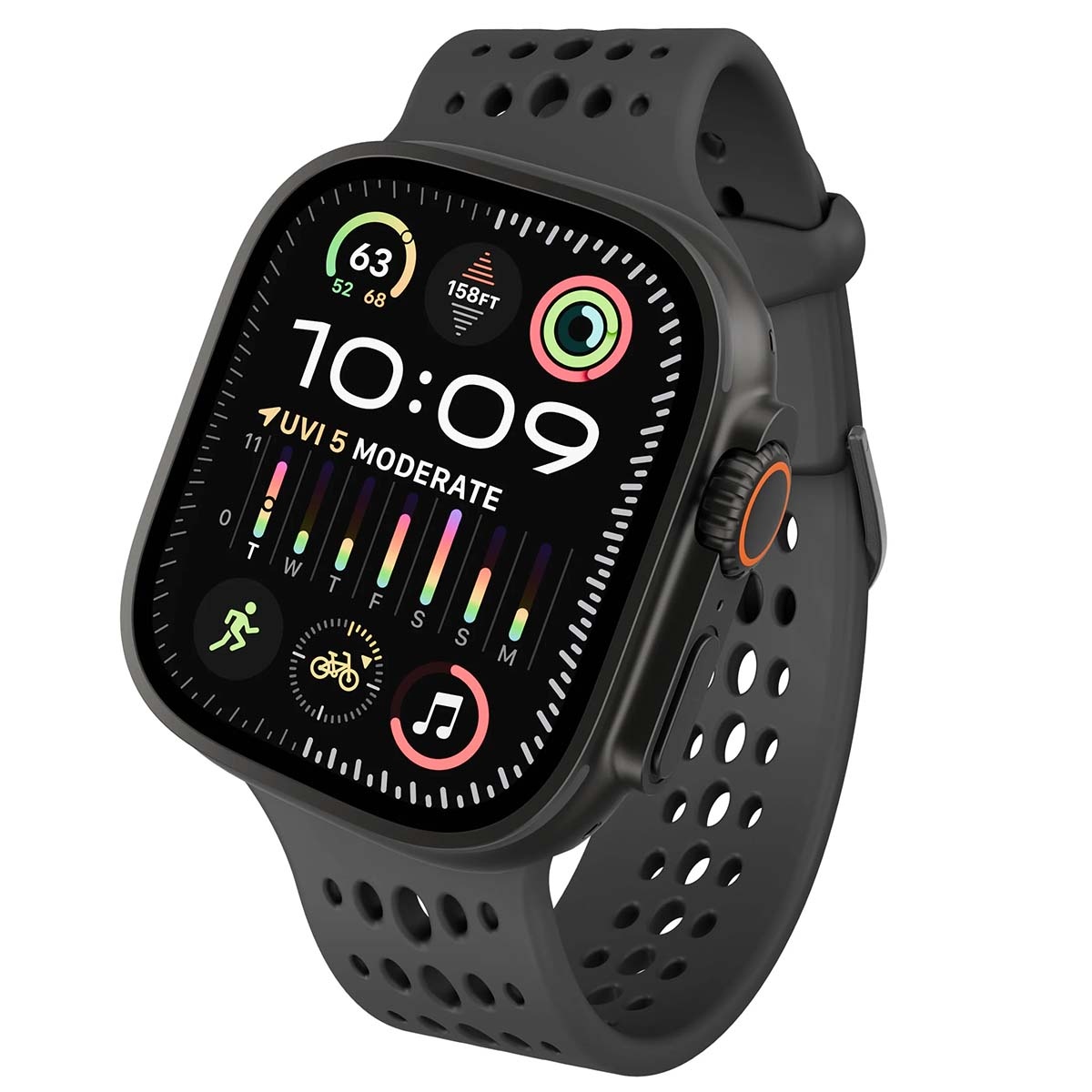 Uno smartwatch nero mostra l'ora, le metriche di salute e le app. Il cinturino ha dei fori. Il quadrante mostra dati e indicatori colorati.