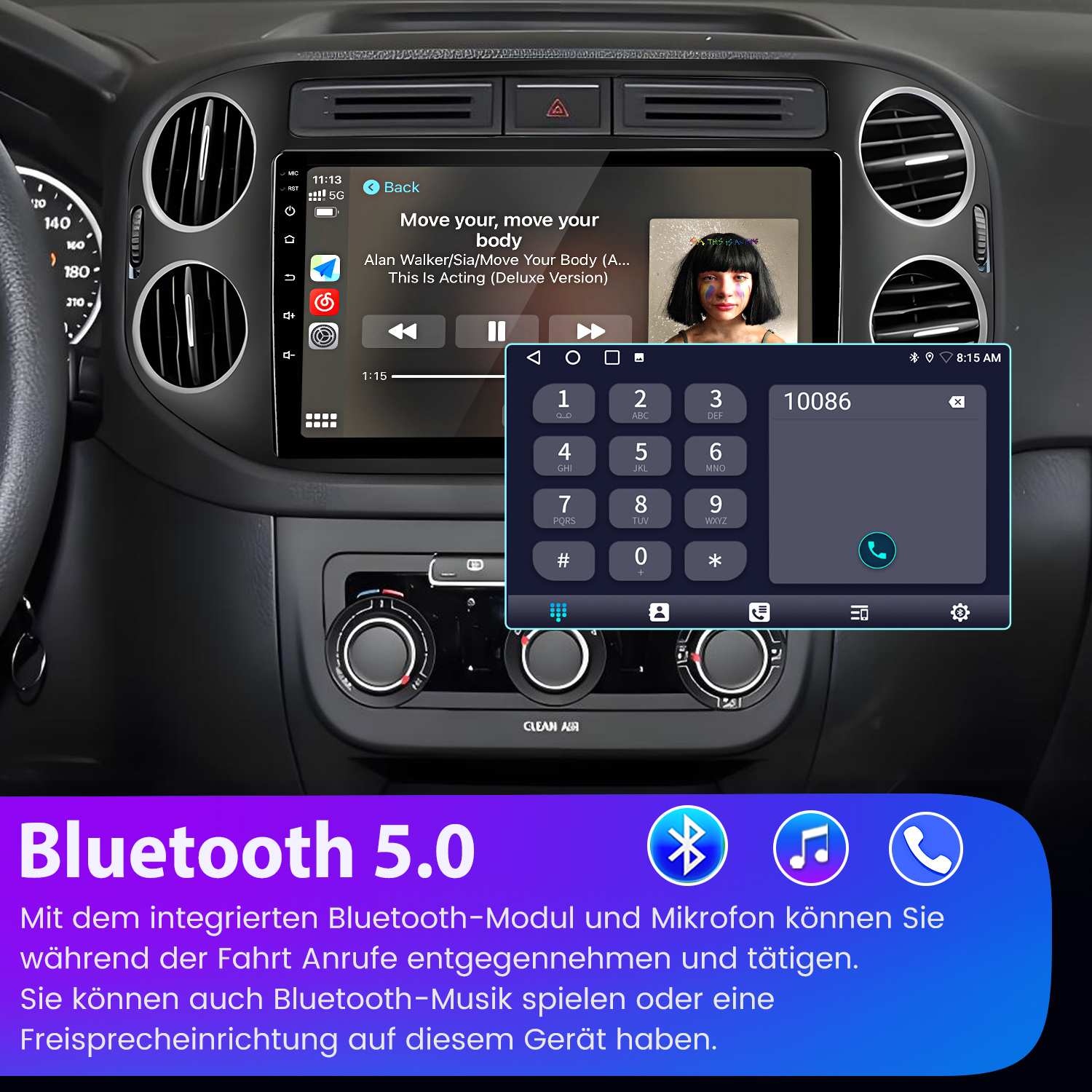 Armaturenbrett mit Musikwiedergabe und Telefonwähl-Oberfläche.