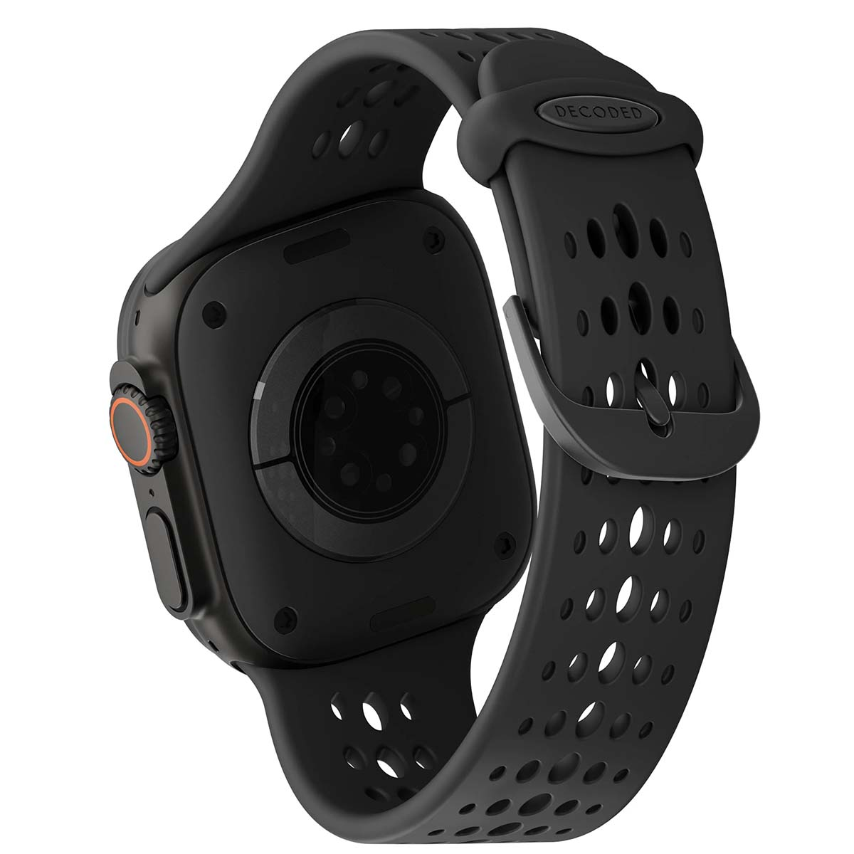 Smartwatch nero con cinturino traforato. L'orologio ha un pulsante arancione. Il cinturino è marchiato con la parola 'DECODED'.
