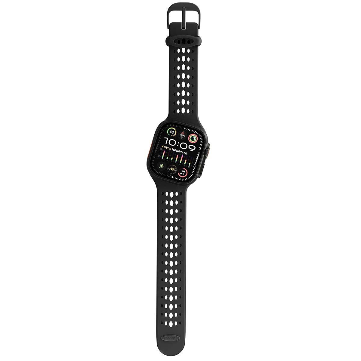 Apple Watch nera con cinturino nero. L'orologio mostra l'ora e i dati sanitari. Il cinturino ha fori a pois bianchi.